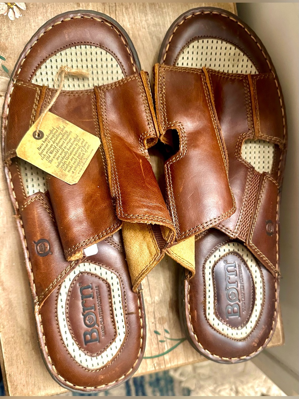 Born Men's Cognac Brown Leather Slide Sandals